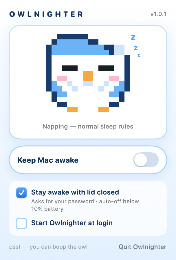 Owlnighter popover — napping, normal sleep rules