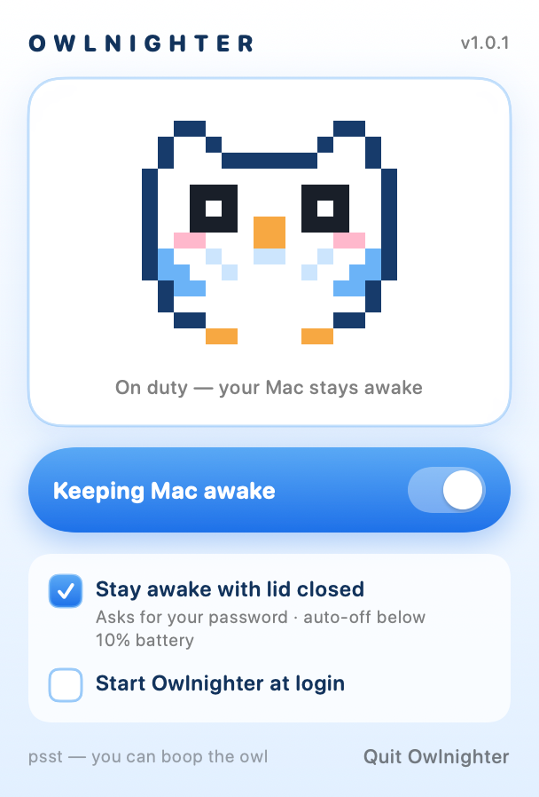 Owlnighter popover — keeping the Mac awake, lid-closed mode on